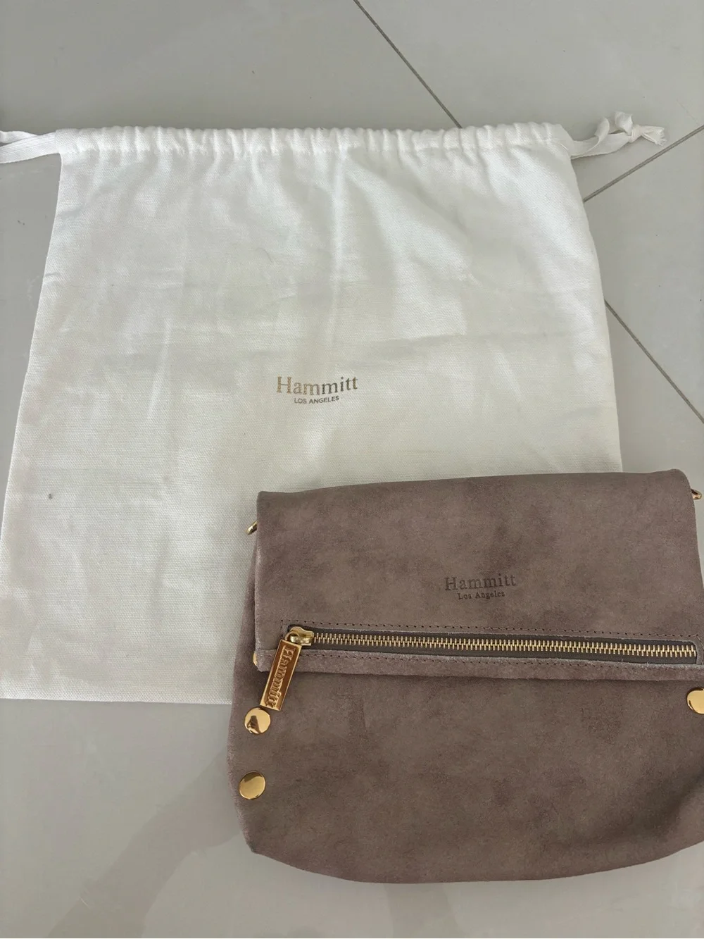 Hammitt Fold-Over Suede Crossbody Bag in Taupe
